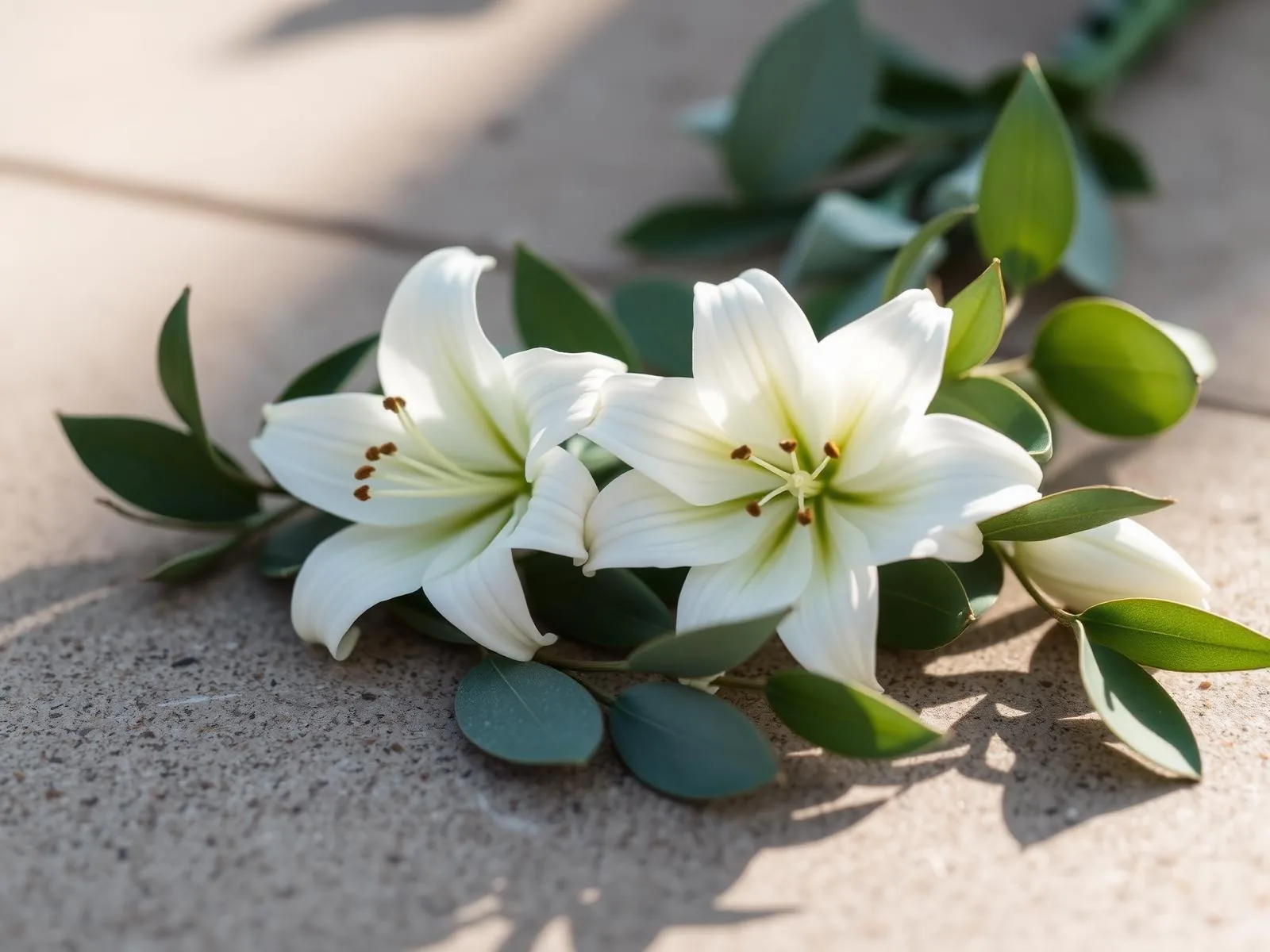Detalhe delicado de flores e folhas de eucalipto